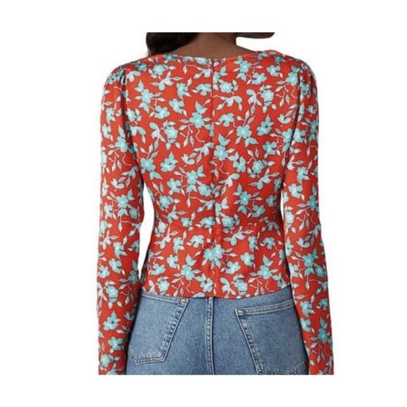 Love, Whit by Whitney Floral Long Sleeve Crop Satin V Neck Top Size Medium Red - Picture 2 of 10